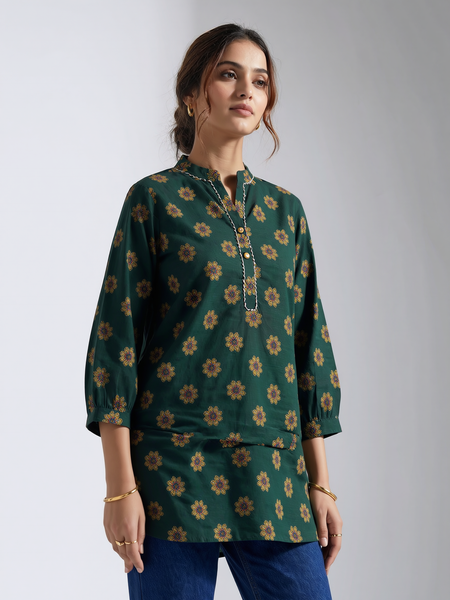 Emerald Green Floral Print Cotton Kurti Top