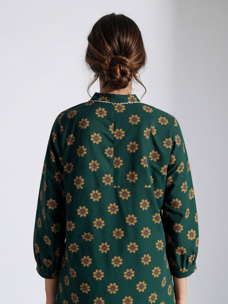 Emerald Green Floral Print Cotton Kurti Top