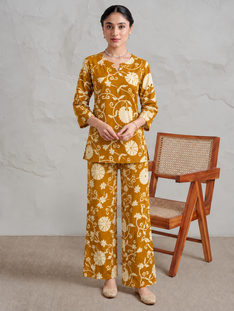 Elegant Mustard Printed Cotton Co-Ord Set
