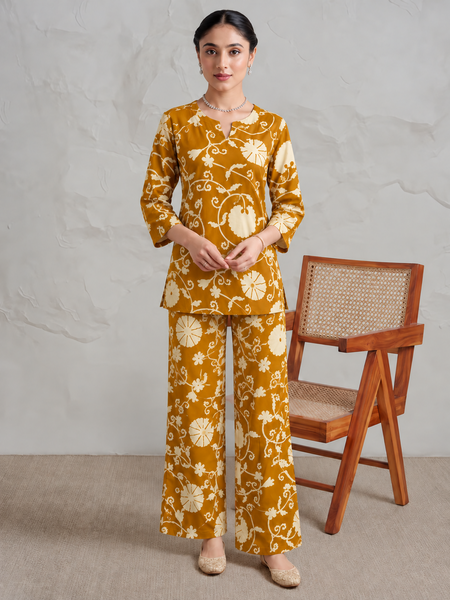 Elegant Mustard Printed Cotton Co-Ord Set