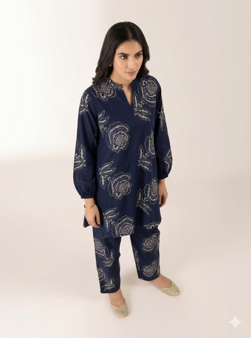 Elegant Navy Floral Printed Co-Ord Set