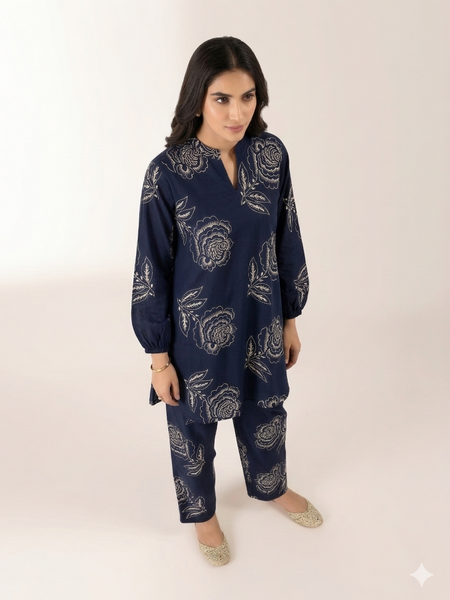 Elegant Navy Floral Printed Co-Ord Set
