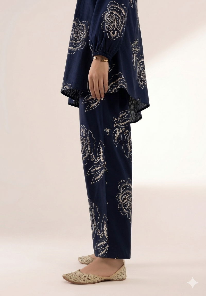 Elegant Navy Floral Printed Co-Ord Set