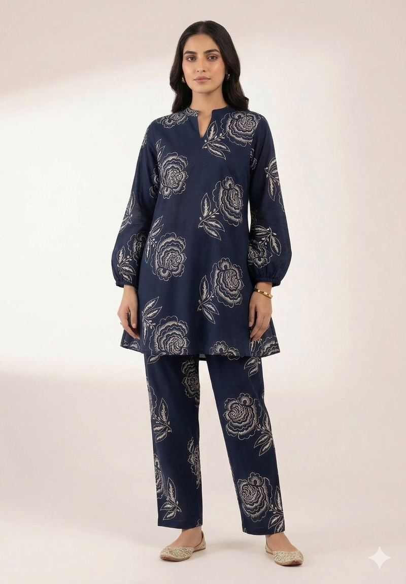 Elegant Navy Floral Printed Co-Ord Set